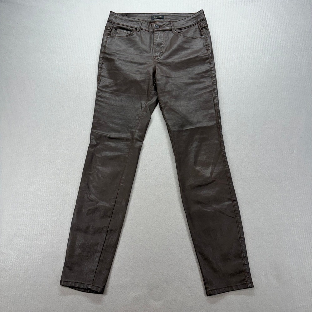 Massimo Dutti Coated Pants Womens 38 Brown Slim Fit Faux Leather Look Mid Rise